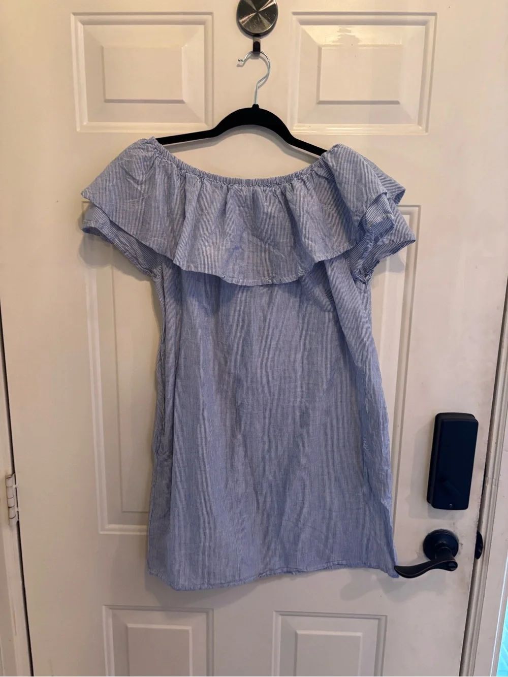 Altar'd State Light Blue Striped Off-Shoulder Ruffle Mini Dress - Picture 4 of 4